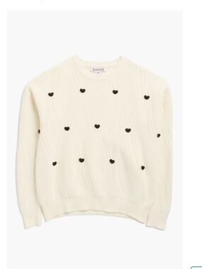 Nanette Lepore Cream Cable Knit Sweater with Black Heart Embroidery